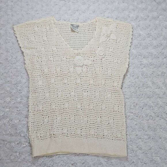 Vintage Parrimello Open Knit Cream Sleeveless Top with Roses - Picture 1 of 7